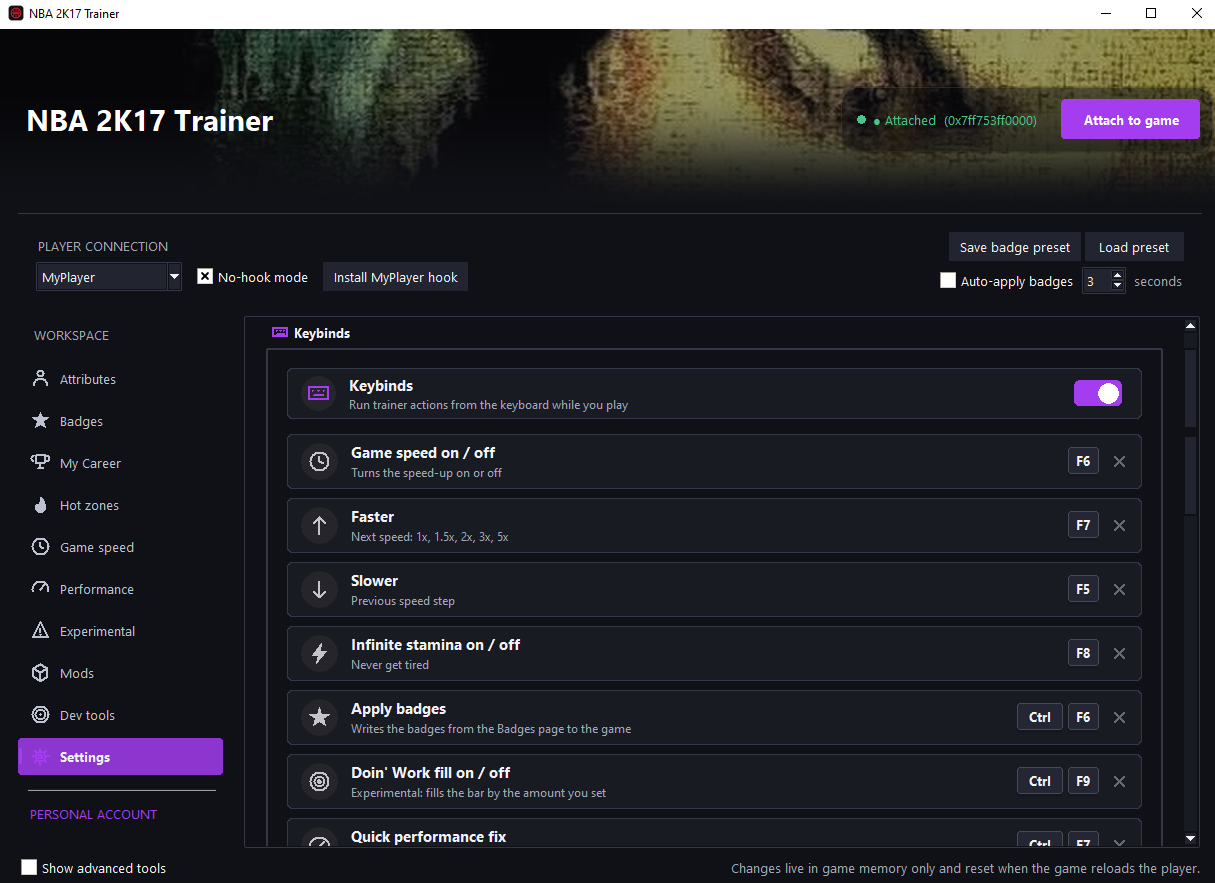 Keybindings settings page of the trainer